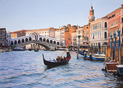 An oil painting of the Rialto Bridge across the Grand Canal in Venice, Italy at dusk by Margaret Heath.
